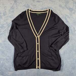 Lauren Ralph Lauren Women XL Navy Silk Blend Button Cardigan Cream Trim Pockets